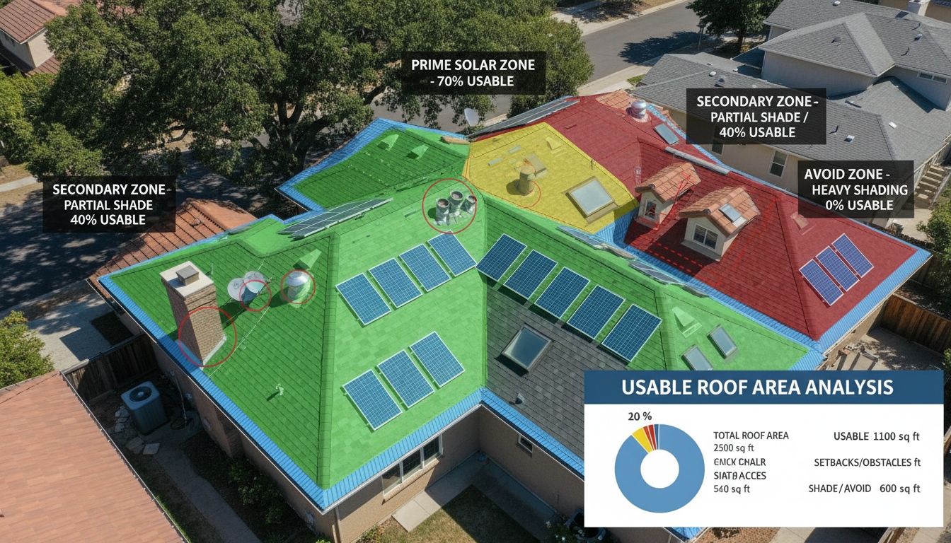 Usable roof area analysis for residential solar panel layout showing prime solar zones, partial shade zones, and avoid areas
